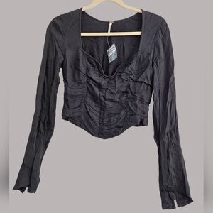 Free people ruched structured neckline black long sleeve top Sz XS NWOT